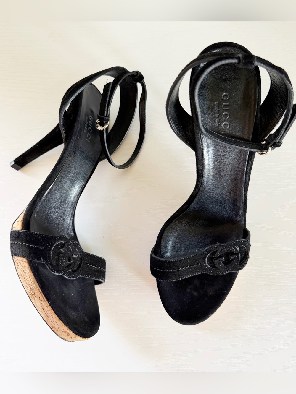 Gucci Black Suede Interlocking GG Ankle Strap Sandal Heels EU 37C